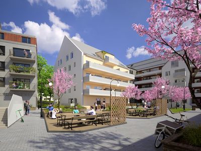 Skissbild över Stångåstadens bostäder i kvarteret Dynamiken i Ebbepark, Linköping. 3D-visualisering: Björn Hjohlman