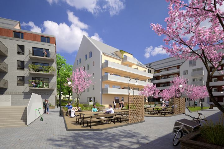 Skissbild över Stångåstadens bostäder i kvarteret Dynamiken i Ebbepark, Linköping. 3D-visualisering: Björn Hjohlman
