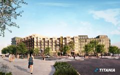 Titania planerar för 400 lägenheter och stadsradhus, 2 000 kvm lokaler för handel- och restaurangverksamhet samt en förskola för 120 barn mitt emot Barkarbystadens tunnelbanestation. Byggstart planeras till 2023. (Visionsbild: Arkitema Architects)
