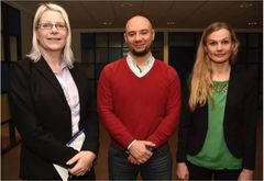 Arbetsförmedlingen och Experis har inlett ett samarbete i Helsingborg kring nyanlända. Från vänster: Lisa Olsson, arbetsförmedlare inom etableringsuppdraget, Rami Al Aasad från Syrien och Camilla Norén, konsultchef på Experis – en del av ManpowerGroup. Foto: Jonas Hansson.