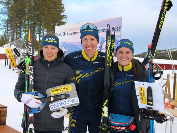 Tove Alexandersson och Erik Rost vann guld och Magdalena Olsson silver när VM-sprinten i skidorientering avgjordes i Piteå. Foto: Mårten Lång/Svenska Orienteringsförbundet Fri bild