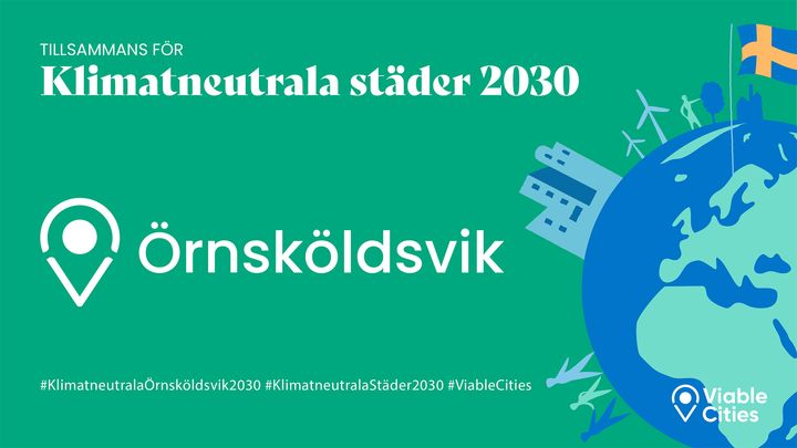 Texten Klimatneutrala städer 2030 mot grön bakgrund. Halv jordglob med människor, kraftverk, höghus, skog, svensk flagga.