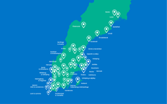 Sverigekarta med de 48 medverkande städerna markerade