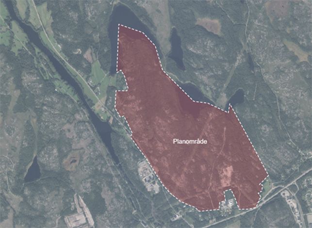 Flygbild: karta med den aktuella fastigheten markerad i rött