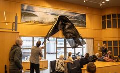 Avtäckning av konstverket inför politiker som är samlade i fullmäktigesalen