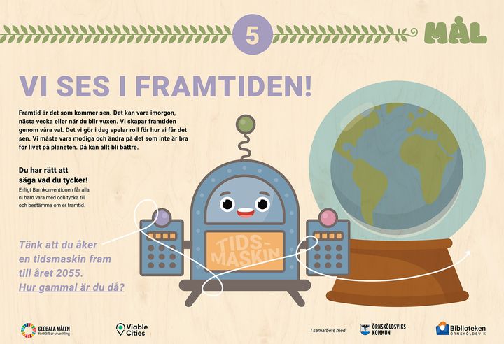 Tecknad bild med jordklot och tidsmaskin samt texten Vi ses i famtiden