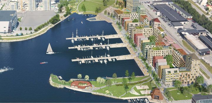 Illustration av en framtida stadsdel vid Lungvikstrand med marina, grönområden och byggnader vid vattnet.