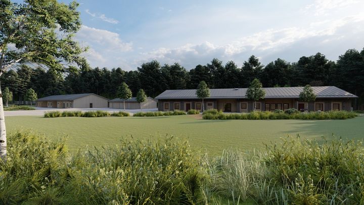 Idéskiss: två fristående enplanshus och ett förråd i en grönskande omgivning.