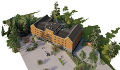 Översiktsbild av omsorgsboendet. en byggnad med två flygelbyggnader