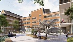 Fasdaden från öst med tänkt lummig utemiljö för de boende