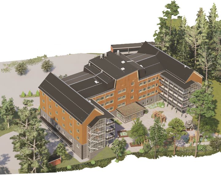 Illstration över boendet: byggnad med 4 våningar och sutterängplan.