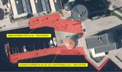 Översiktsbild som visar arbetsområde för renovering av kaj 3A samt avstängda kajavsnitt (3D, 4 och konsol kaj 5) på grund av rasrisk.