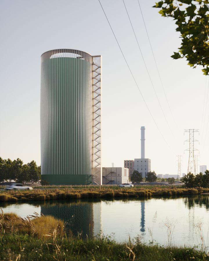 Illustration av den planerade ackumulatortanken i Norra hamnen i Malmö. Anläggningen fungerar som ett energilager för fjärrvärme och ska bidra till ett mer flexibelt och robust energisystem.