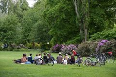En grupp människor sitter i en grönskande park omgiven av träd och buskar. Några cyklar står parkerade i närheten.