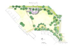 Karta över Klosterparken med vägar, träd och grönområden markerade.