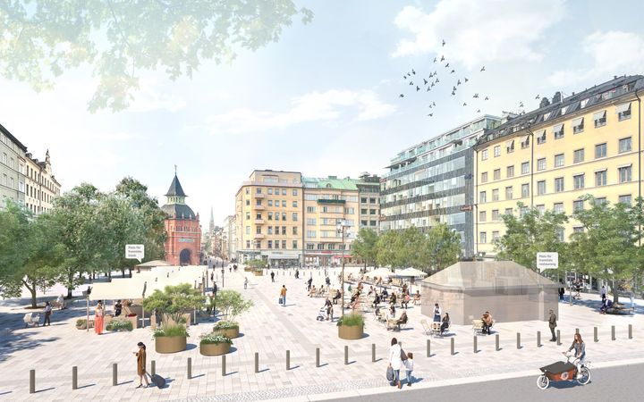 Visionsbild över Östermalmstorg efter upprustningen sett från Storgatan och Sibyllegatan.