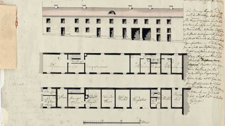 23 åriga Emerentia von Lantingshausens tillbyggnad av personalbostäder (domestiquerum) till sitt stadspalats vid Kungsträdgården från 1821 som hon ärvde av sin far. En av de byggnadsritningar som fått ny metadata i det pågående projektet.