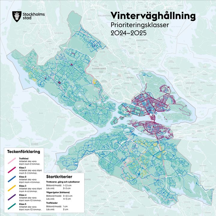 Karta över vilka gator som har vilken prioriteringsklass för snöröjningn i Stockholms stad.