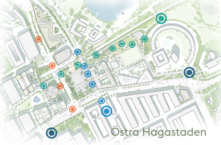 Kartbild över vypunkterna i östra Hagastaden.