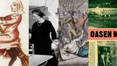 Kollage med bilder, illustrationer, tidingsurklipp och foto.