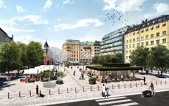 Illustration, torget med restaurangbyggnad och håvliknande konstverk.