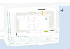 Karta över Stadshuset med valvet på Hantverkargatan 1 och entrén till De hundrades valv utmarkerade.