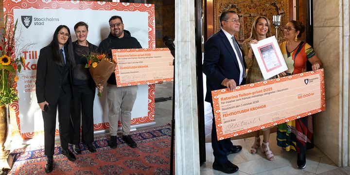 Sandy Hamid, Lovise Haj Brade och Hamza Nasri Jridi från Newcomers Stockholm och Jenni Kay med föräldrarna Hans Taikumer och Marina Kaj. Fotograf: Lieselotte Van Der Meijs.