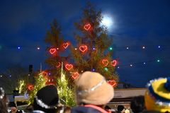 Lysande röda hjärtan i julgranar. Personer med mössor i förgrunden.