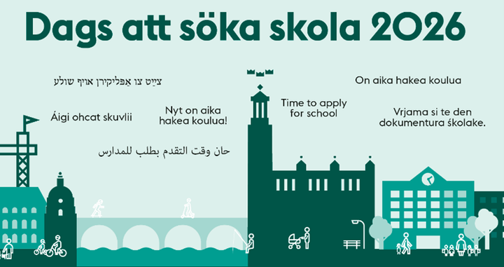 Post och e-tjänst. Vårdnadshavare för barn födda år 2020 kan söka skola till sina barn i Stockholms stads e-tjänst. I dagarna skickar Stockholms stad också vykort och brev med information om sökprocessen till barnets folkbokföringsadress. Bilden visar materialet som postas.