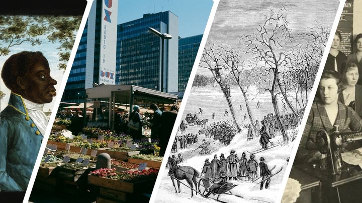 Montage med bilder på personer, blomsterförsäljning, sylektion och illustration av skidtävling.