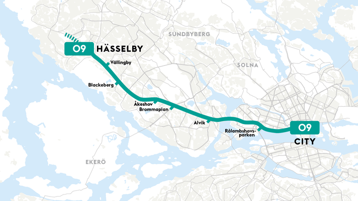 Karta med sträckan från Hässelby till city markerad.