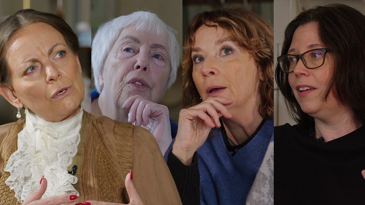 Författarna Katarina Wennstam, Yvonne Hirdman, Mian Lodalen och Elise Karlsson berättar om sina verk i Stadsmuseets historiska museilägenheter. Kollage: Stockholms stadsbibliotek.