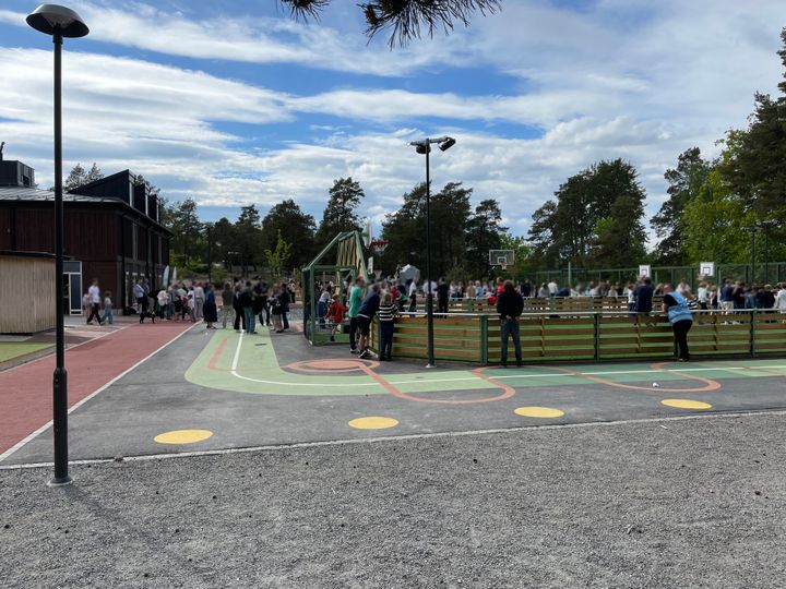 Den nya multisportytan med konstgräsplan, rakbana och springslinga i förgrunden och basketplan, klättervägg med mera längre bort på området.