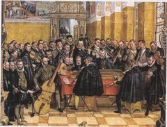 Hovkapellet i München 1570 under ledning av den berömde Orlando di Lasso vars musik var välkänd i Sverige på 1500-talet. Konstnär: Hans Mielich.