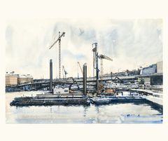 Akvarellmålning av Slussenbygget