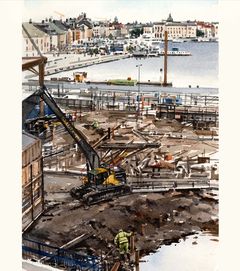 Akvarellmålning av Slussenbygget