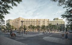 Titanias kvarter 12 vid Hässlöplatsen i Barkarbystaden. Här finns fyra lokaler för kommersiell verksamhet, där Nordic Wellness är en av hyresgästerna. Hörnlokalen har egen hiss upp till takterrassen där det planeras för restaurang. (Visionsbild: Titania)