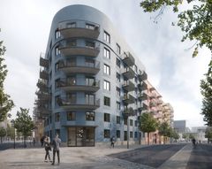 Vy över ett modernt bostadshus med rundade hörn och balkonger, omgiven av träd och gående personer.