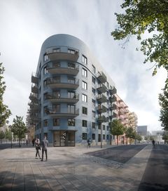 Visionsbild av ett modernt bostadshus i korsningen Frösögatan och Sveagatan, med tunnelbanestationen vid Sveatorget synlig till höger.