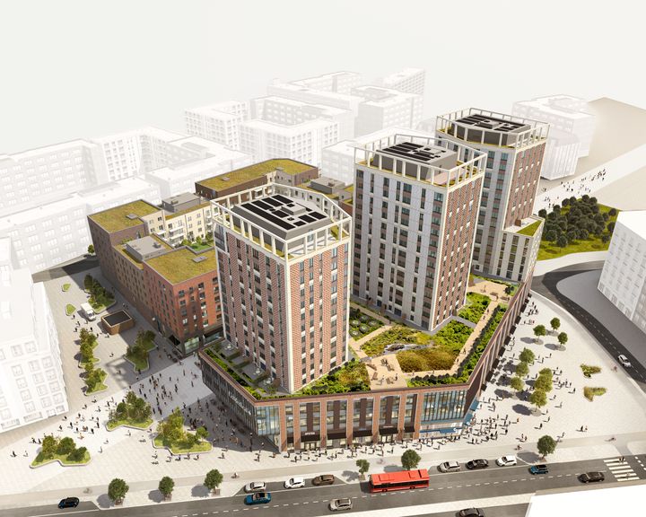 Illustration av kvarter 9 i Barkarbystaden med tre höga torn, entré till tunnelbanestation i gatuplan och omgivande grönytor.