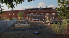 Bild av ett modernt bostadsområde i Ormbacka med röda hus, lekplats och människor som umgås utomhus.