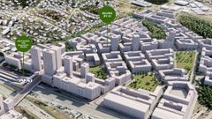 En översikt av Reliwes kvarter bredvid Barkarbys tunnelbanestation, med framtida transportmöjligheter som tunnelbana, buss, pendeltåg, regional- och fjärrtåg för ökad tillgänglighet.