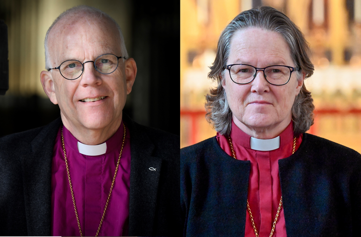 Två porträttbilder i kollage som föreställer ärkebiskop Martin Modéus och biskopen i Luleå stift Åsa Nyström