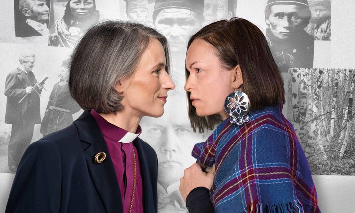 Two individuals face each other against a background of historical photographs. One wears clerical attire, the other traditional Sámi clothing with a blue and red plaid shawl.