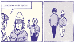 A person talks to a teenager in a beanie, saying "I'll pick you up on Sunday." In the next panel, two people walk away together.
