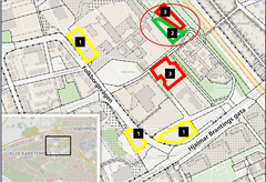 Taktpinnen 5 och Visan 1 Karta 1: Kartan visar kvarvarande byggrätter att tilldela inom detaljplanen markerade med: 1. Gul färg för tomter som tillåter flerfamiljshus 2. Grön färg för tomter som tillåter villabebyggelse 3. Röd färg för tomter som tillåter radhusbebyggelse.