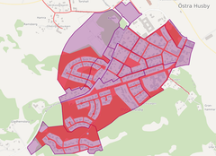 Det lila området visar gällande detaljplaner och rödmarkerat område visar Bossgård Ga:1 Östra Husby vägförening. Källa: Norrköpings kommun.