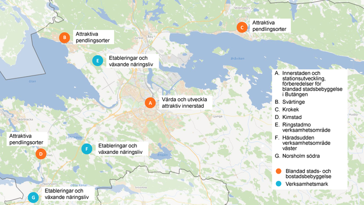 Fokusområden där kommunen ska lägga fokus på utveckling och omvandling den kommande tioårsperioden.
