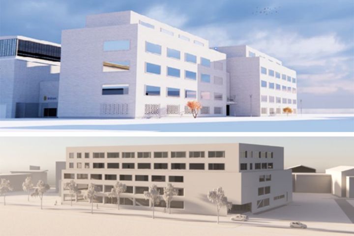 Möjlig utformning av byggnadsvolym mot Dressyrgatan (ovan) och mot Ridvägen. Illustrationer Sweco architects.