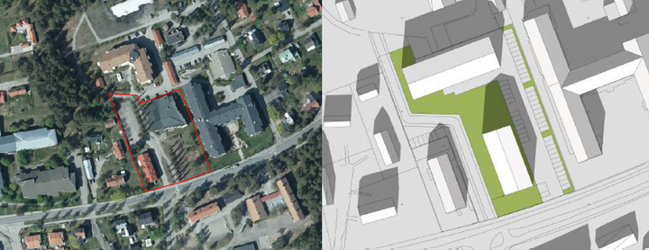 Ortofoto som visar planområdet samt en illustration som visar hur de nya husen placeras.